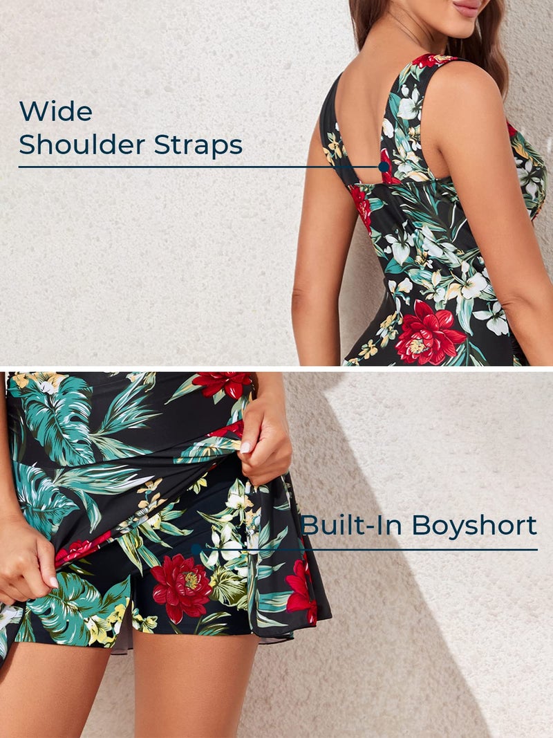Miyang فستان سباحة نسائي بلس سايز مزخرف بالأزهار من مي يانغ - قطعة واحدة باللون الأسود مزينة بالأزهار كبيرة (US 12-14) - Image 4